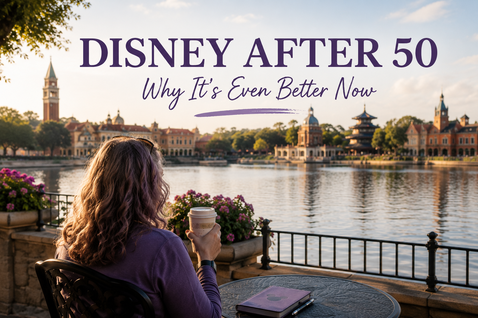 Woman enjoying coffee overlooking World Showcase at EPCOT – Disney after 50