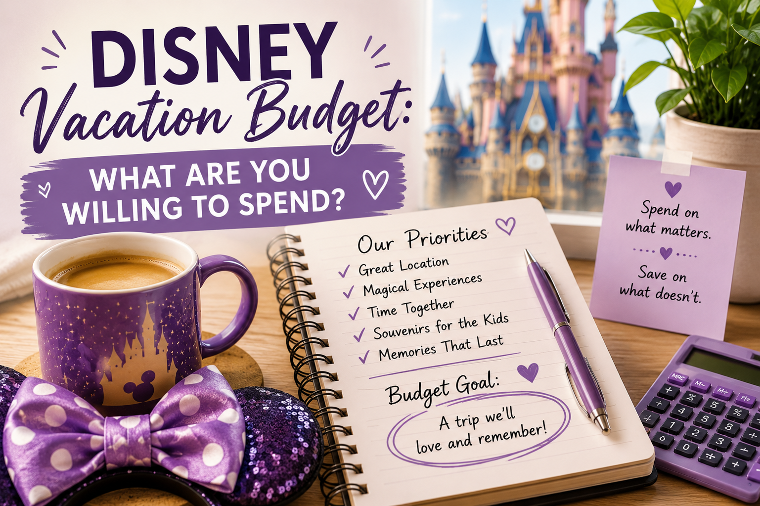 Disney vacation budget planning with a priority notebook, calculator, coffee, and purple Minnie ears