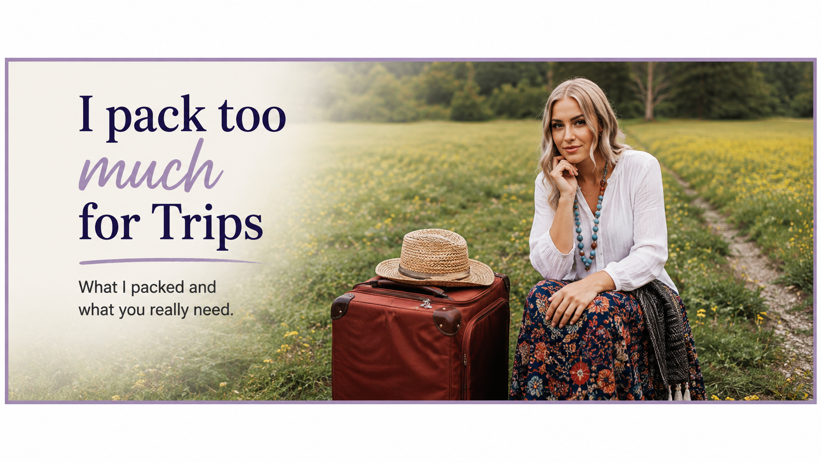 Woman sitting beside a suitcase in a field with text reading I pack too much for trips