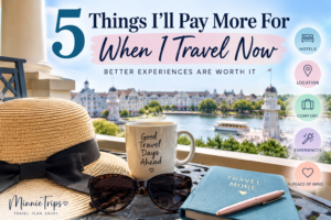 Travel resort view with hat, sunglasses, coffee mug and notebook featuring the text “5 Things I’ll Pay More For When I Travel Now.”