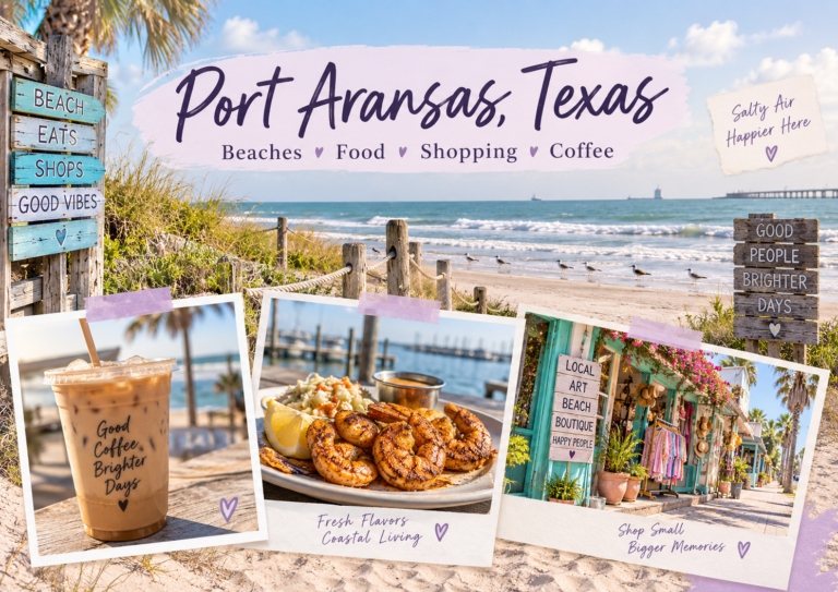 Port Aransas Texas travel guide featuring beaches, seafood, shopping and coffee