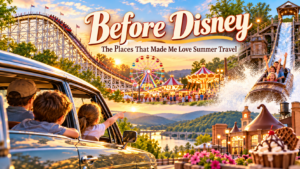 Summer travel memories before Disney with a wooden roller coaster, county fair rides, family road trip, water ride, and Hersheypark-inspired details.