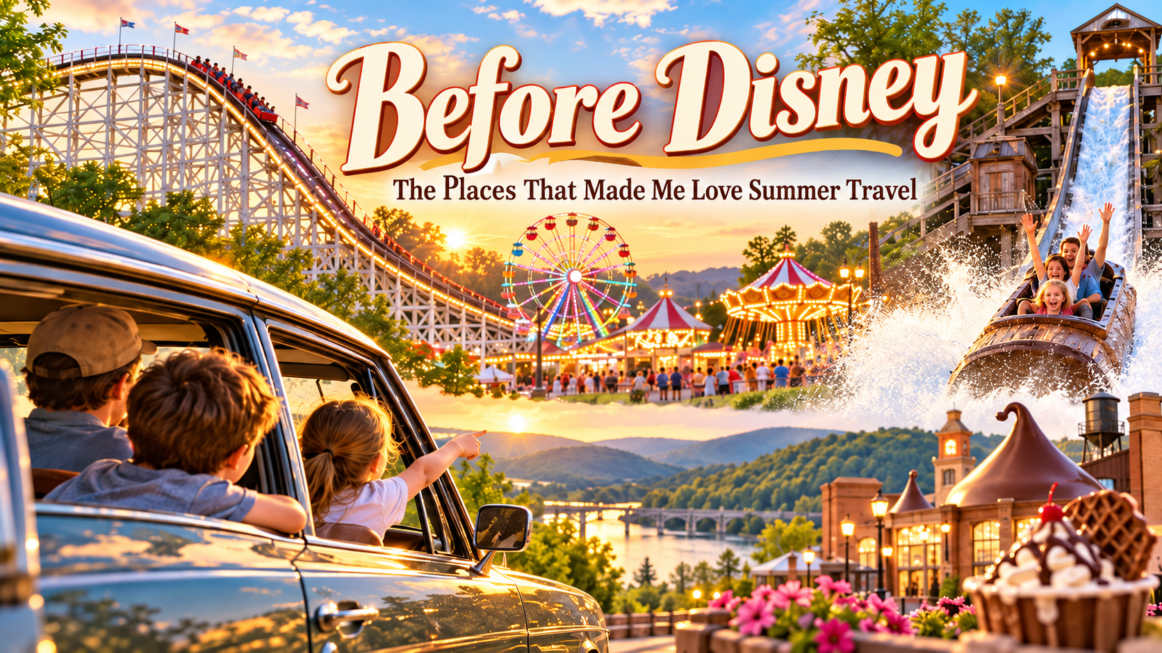 Summer travel memories before Disney with a wooden roller coaster, county fair rides, family road trip, water ride, and Hersheypark-inspired details.