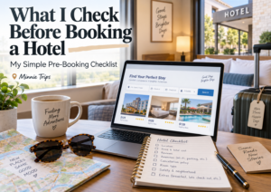 Hotel booking checklist with laptop, hotel room, luggage, coffee and travel planning notes