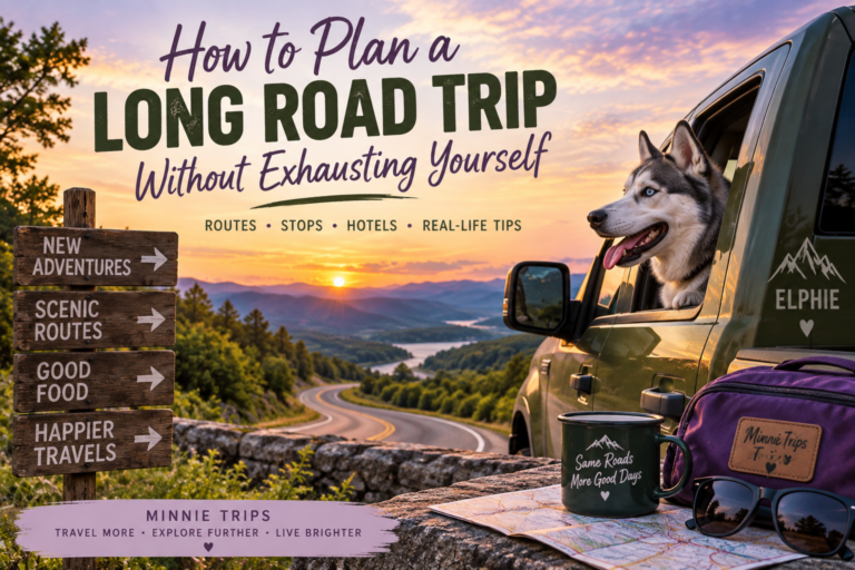 Olive green truck on a scenic road with a gray and white husky, illustrating how to plan a long road trip without exhausting yourself