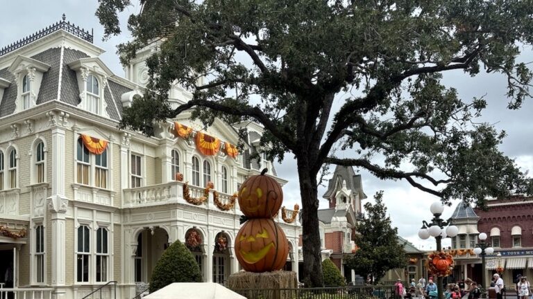 Halloween pumpkin decorations on Main Street, U.S.A. at Magic Kingdom during Mickey’s Not-So-Scary Halloween Party