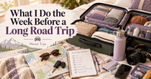 Open suitcase with road trip essentials, camera, map, checklist, water bottle, and packing cubes for a long road trip.