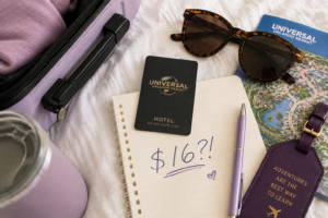 Travel flat lay with luggage, hotel key card, sunglasses, Universal Orlando map, and a notebook showing $16