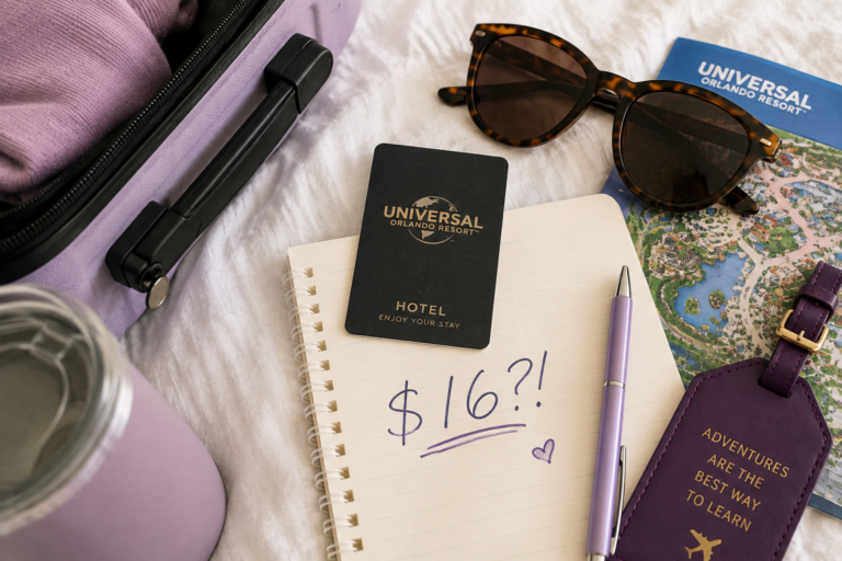 Travel flat lay with luggage, hotel key card, sunglasses, Universal Orlando map, and a notebook showing $16
