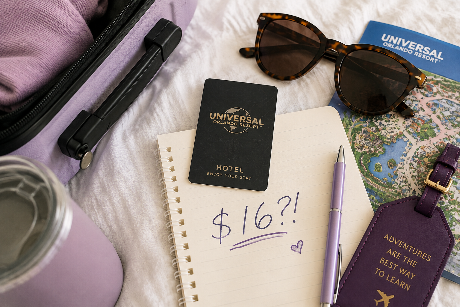 Travel flat lay with luggage, hotel key card, sunglasses, Universal Orlando map, and a notebook showing $16