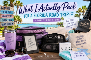 Florida road trip packing essentials including packing cubes, tech organizer, Kindle, tumbler and travel gear