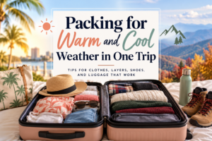 Open suitcase packed for both warm and cool weather, with summer clothes, layers, hiking boots, and travel essentials.