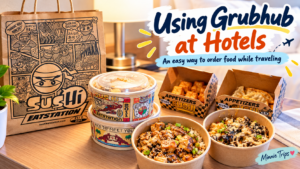 Featured illustration of a Grubhub hotel delivery from Sus Hi Eatstation, showing rice bowls, appetizers, and takeout packaging