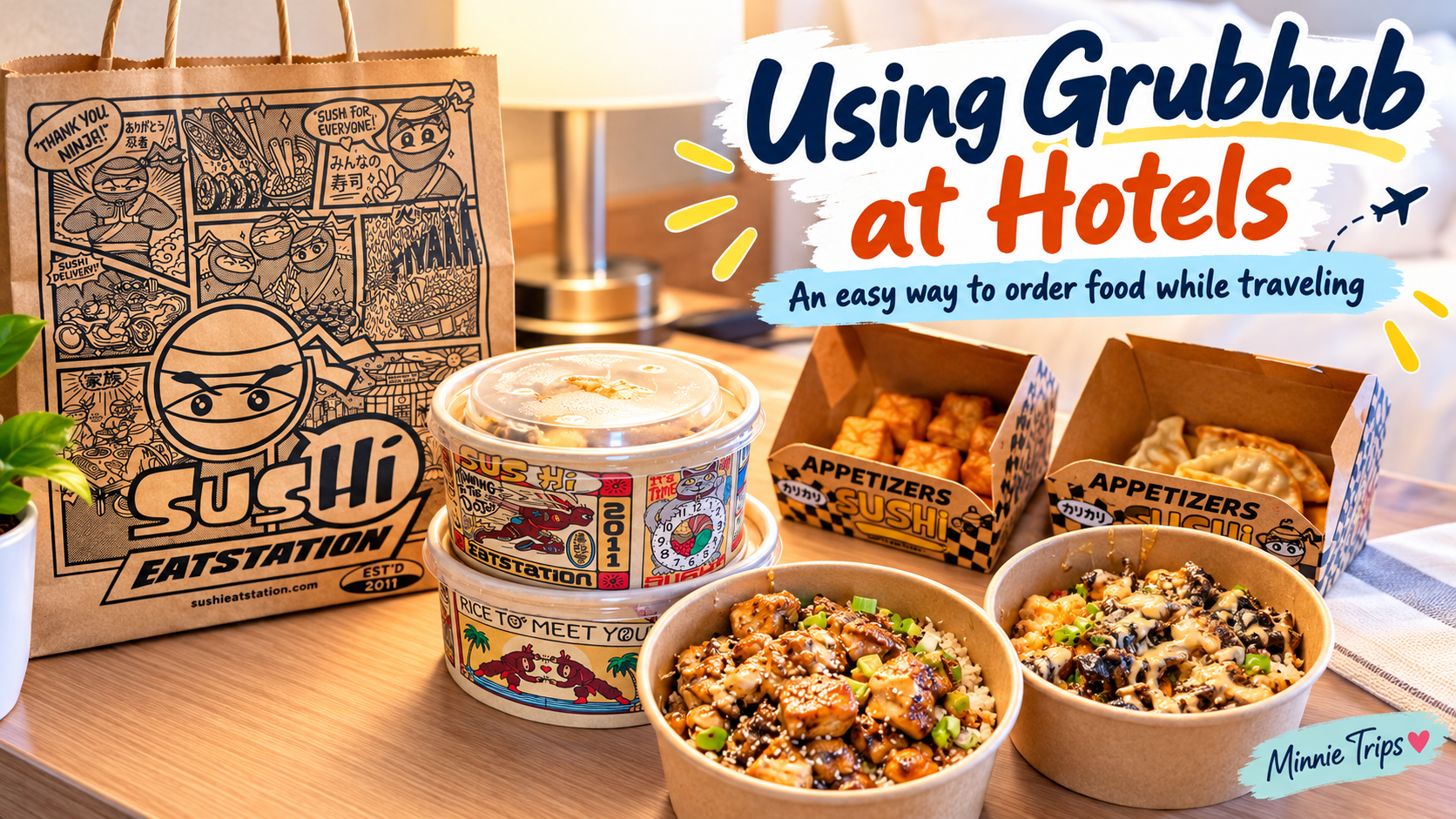 Featured illustration of a Grubhub hotel delivery from Sus Hi Eatstation, showing rice bowls, appetizers, and takeout packaging