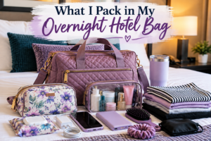 Purple overnight travel bag with toiletries, folded clothing, and travel essentials arranged on a hotel bed.
