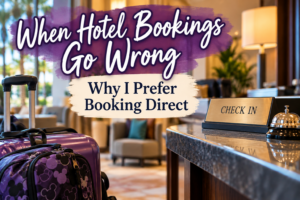 Hotel check-in desk and luggage for an article about why booking hotels direct can help when reservations go wrong.